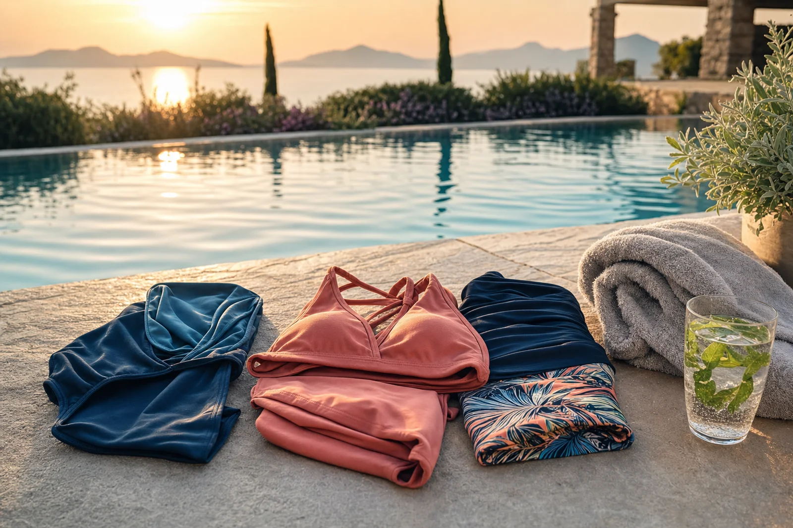 Gevouwen badmode in oceaanblauw en koraal naast een infinity pool bij zonsondergang