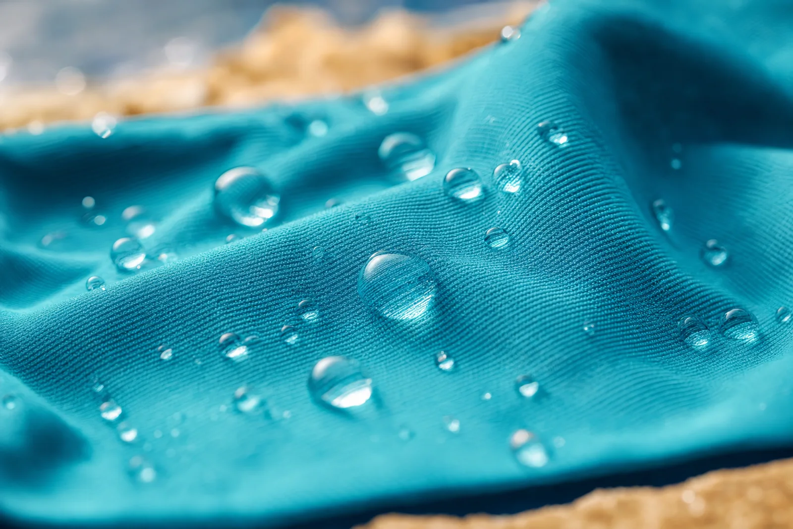 Macro-opname polyester zwemstof in turqoise met waterdruppels